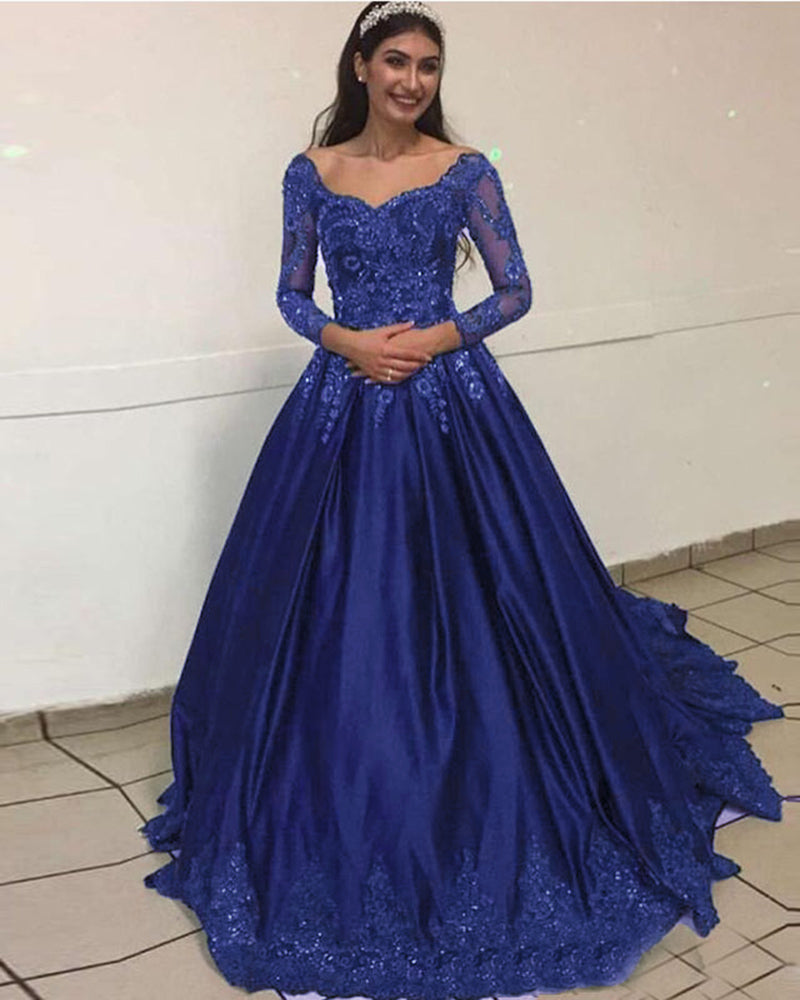 Smoky Blue Long Prom Dress with Sheer Waist - PromGirl
